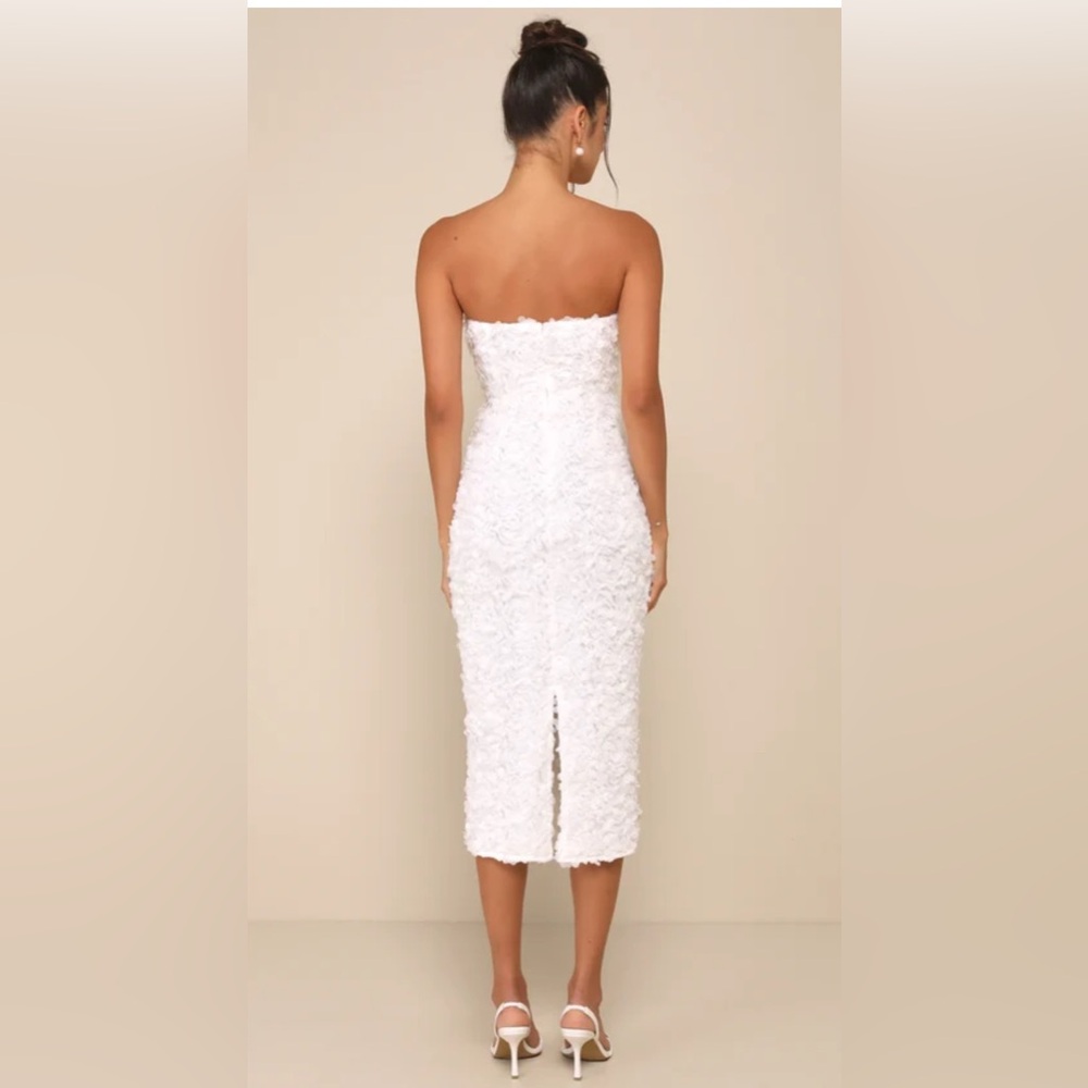 Lulus Gorgeous Mentality White 3D Floral Strapless Midi Dress - Picture 4 of 4